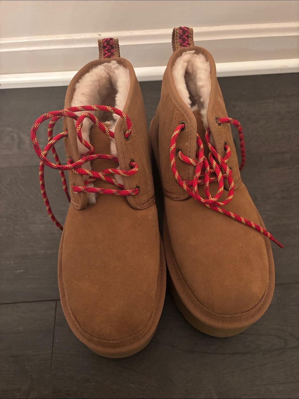 UGG Women's Chestnut Suede Lace-Up Shearling Boots with Red Accent Laces